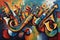 jazz themed cubist style abstract painting of musical instruments