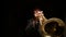 Jazzman plays in dark room on trumpet illuminated from above by spotlight, front view. Man plays trumpet on dark