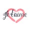 Je t`aime. French lettering. Handwritten romantic quote. Valentine`s day. Textured heart. Holiday in February