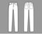 Jeans botton fly tapered Denim pants technical fashion illustration with full length, low waist, rise, 5 pockets, Rivets