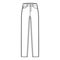 Jeans botton fly tapered Denim pants technical fashion illustration with full length, low waist, rise, 5 pockets, Rivets