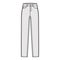 Jeans botton fly tapered Denim pants technical fashion illustration with full length, low waist, rise, 5 pockets, Rivets