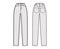 Jeans botton fly tapered Denim pants technical fashion illustration with full length, waist, high rise, 5 pockets, Rivet