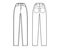 Jeans botton fly tapered Denim pants technical fashion illustration with full length, waist, high rise, 5 pockets, Rivet