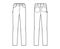 Jeans carpenter Denim pants technical fashion illustration with full length, low waist, rise, 5 pockets, Rivets. bottom