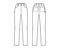 Jeans carpenter Denim pants technical fashion illustration with full length, normal waist, high rise, 5 pockets, Rivets