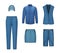 Jeans clothes. Wardrobe with denim textile production for male and female decent vector jeans pants and skirt
