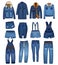 Jeans clothing collection with ripped details. Dark Blue denim jeans, shorts and jackets fits and styles. Vector jeans clothing