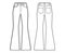 Jeans flared bottom Denim pants technical fashion illustration with full length, low waist, rise, 5 pockets, Rivets Flat