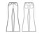 Jeans flared bottom Denim pants technical fashion illustration with full length, low waist, rise, 5 pockets, Rivets Flat