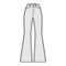 Jeans flared bottom Denim pants technical fashion illustration with full length, normal waist, high rise, 5 pockets