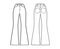 Jeans flared bottom Denim pants technical fashion illustration with full length, normal waist, high rise, 5 pockets
