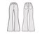 Jeans flared bottom Denim pants technical fashion illustration with full length, normal waist, high rise, 5 pockets