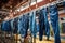 jeans hanging on production line conveyor