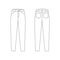 Jeans pants technical outline template, trousers denim with pockets. Fabric trousers mockup with front, back view