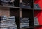 Jeans store: goods on the shelfs