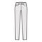 Jeans tapered Denim pants technical fashion illustration with full length, low waist, rise, 5 pockets, Rivets, belt loop