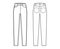 Jeans tapered Denim pants technical fashion illustration with full length, low waist, rise, 5 pockets, Rivets, belt loop