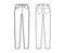 Jeans tapered Denim pants technical fashion illustration with full length, low waist, rise, 5 pockets, Rivets, belt loop