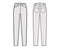 Jeans tapered Denim pants technical fashion illustration with full length, low waist, rise, 5 pockets, Rivets, belt loop