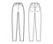 Jeans tapered Denim pants technical fashion illustration with full length, normal waist, 5 pockets, Rivets, belt loops