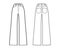 Jeans wide leg Denim pants technical fashion illustration with full length, normal waist, high rise, 5 pockets, Rivets