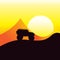 Jeep car in the desert, on sunset. On roof carries his luggage. Illustration in flat style