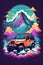 A jeep in the center with waves, mountain and clouds, logo, t-shirt design, colorful