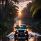 A jeep drift on the river in the jungle, sunset, car