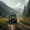 a jeep driving down a dirt road