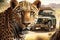 Jeep On Safari With A Jaguar. Generative AI