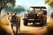 Jeep On Safari With Tigers. Generative AI