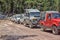 Jeep safaris on the mountain roads in the vicinity of Kemer, a lot of jeeps parked.