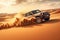 A jeep zooms through the desert, leaving tracks in the sandy terrain, sand dune bashing ofrroad, AI Generated