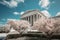 The Jefferson Memorial in Washington DC, USA with cherry blossoms. A vintage supreme court outside view with a blue sky, AI