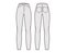 Jeggings technical fashion illustration with normal waist, high rise, full length, angled pockets. Flat Pants bottom