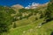 Jegihorn, Fletschhorn, Lagginhorn mountain peaks, hills, pastures and trees from Triftalp village