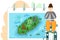 Jeju island map in cartoon style with main attractions stone figures. Green island in south korea