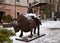 Jelenia Gora, Poland,  December 15, 2018: Metal monument by sculptor Bego Rape of Europe bull, on square at Pocztowa Street and 1