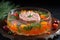 Jellied meat with vegetables beautifully served on a plate, AI Generated