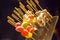 Jelly Candy and Marshmallow Sticks on dessert bar counter, ready to dip with Chocolate Fondue. Food, dessert, sweets, bakery