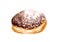 Jelly filled Chocolate doughnut with powdered sugar. Watercolor food illustration, isolated objects on white background.