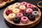 jelly-filled donuts arranged in a circle on a wooden tray