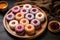 jelly-filled donuts arranged in a circle on a wooden tray