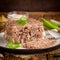 Jelly with meat, beef aspic, traditional Russian dish, portion