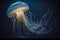 Jellyfish blue lightening, poisonous jellyfish in dark deep water
