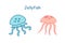 Jellyfish blue and salmon color isolated doodle illustration. Undersea creatures cartoon characters
