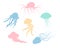 Jellyfish cartoony flat decoration set. Hand-drawn poisonous texturedmedusa, marine oceanic inhabitant, simple nautical character