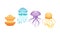 Jellyfish Collection, Beautiful Swimming Sea or Ocean Creatures Set Vector Illustration