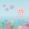 Jellyfish fishes shrimp life coral reef cartoon under the sea